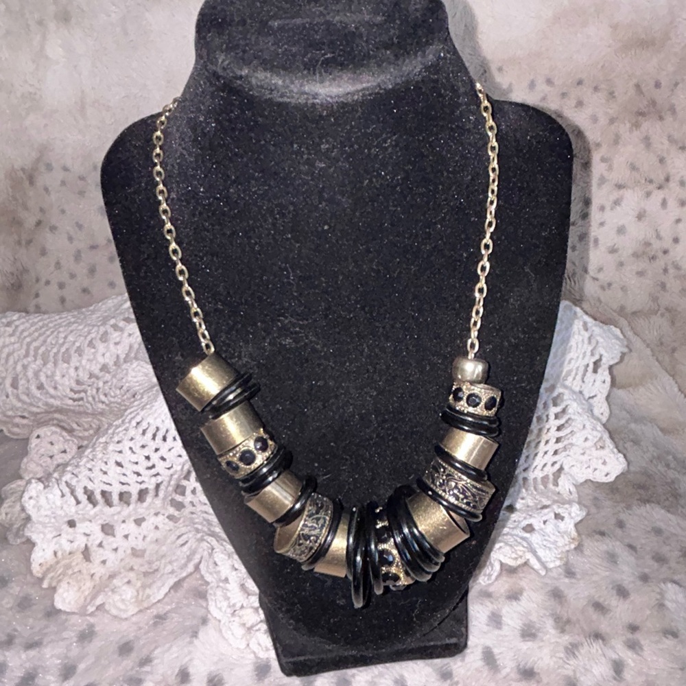 Chunky Gold Tone Black Vintage Statement Necklace Long Chain Unique